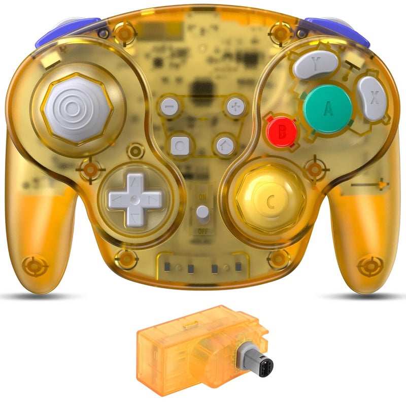 SAFFUN 2.4 GHz Wireless GameCube Controller, for NGC GameCube Console (Built-in Rumble) (Analog Stick) (Analog Triggers) (Rechargeable) (Plug and Play) Clear Yellow - Image 1